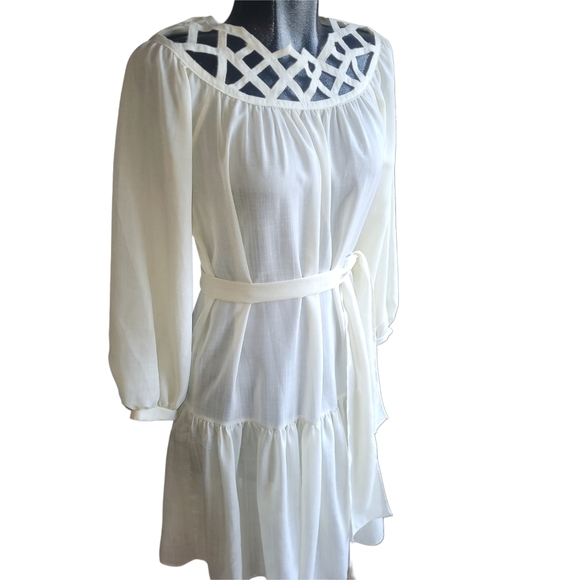 Joseph Ribkoff White Dress with Lattice Neckline L - Picture 3 of 7